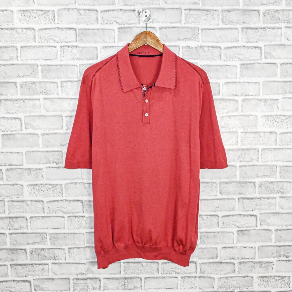 ZILLI Men's Cotton Silk knit polo shirt alligator trim collar in rust red sz 48